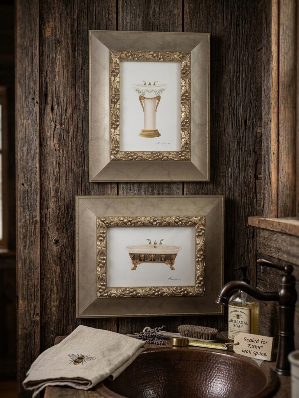 Gold Framed Bathroom Art Prints Set of Two Ready To Hang 7.5 X 9 Inches Each